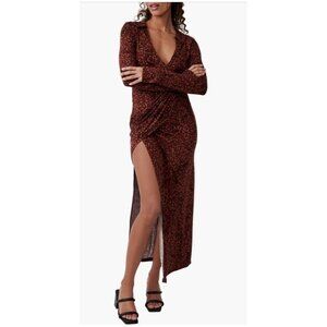 Free People Shayla Wrap Midi Floral Women's Long Sleeve Retro Boho Dress Large